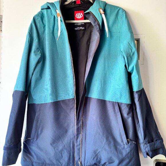 686 Women's Large Teal and Dark Blue Snowboard Jacket - Picture 1 of 4